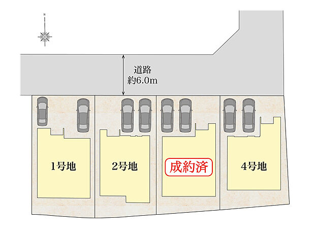 【区画図】敷地面積43坪超のゆとりと落ち着いた街並みが魅力。前面道路6mの開放的な区画配置で、駐車スペース2台分も確保した、暮らしやすさに配慮した分譲地です。