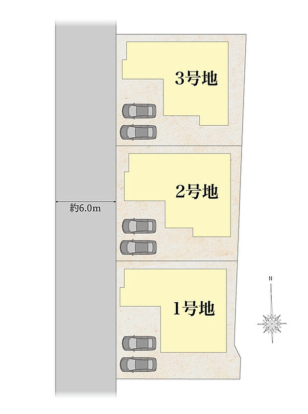 【区画図】敷地面積約42坪超のゆとりある全3区画。前面道路はゆとりのある6m幅で、車の出入りや駐車もスムーズです。開放感のある街並みの中で、家族がのびのびと暮らせる住環境が整った分譲地です。