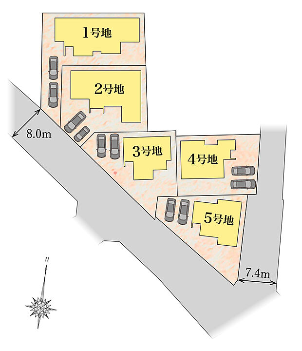 【区画図】
全邸、南面LDKの住まい♪タマホームが手掛けるこだわりの詰まった住まいをご案内いたします。カースペース並列2台駐車可。前面道路幅は広々約7.4m～8.0m。※1号地・2号地は平屋住宅です。