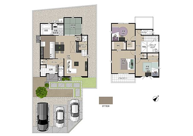 【4LDK】19畳の広いリビングは吹き抜けになっており、広さと一体感を感じる住まいに。玄関の土間収納はベビーカーやアウトドアグッズの収納にもピッタリ