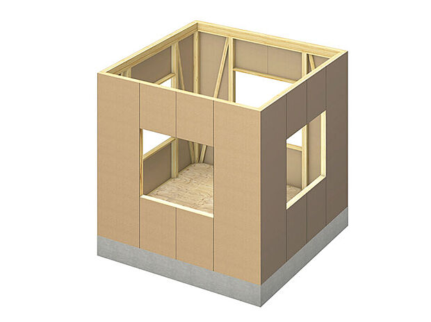 【耐力面材】壁に構造用耐力面材を用いることで、「面」で横からの力を受け止め、建物にかかる負担を分散させます。