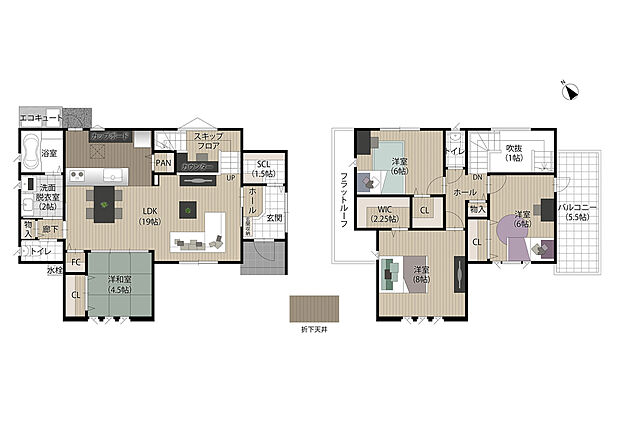 【4LDK】お子様の勉強スペースや遊ぶスペースとして、自由度高く使えるスキップフロアがあります。上部が吹き抜けなので、LDにも開放感を持たせます。1.5帖のSCLなど収納もバッチリ☆