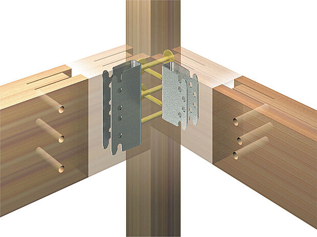 【通し柱】通し柱の削り取り部分を最小限に抑えることで柱の断面欠損が小さくなり、梁仕口のせん断面強度が大きくなります。木材の変形や柱・梁の接合部のずれが小さくなり、しっかりと繊維を固定します。(※構造図)