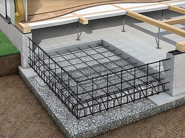 【ベタ基礎】ベタ基礎を標準採用。コンクリートは、高耐久性と強度を確保、鉄筋は徹底管理した工場で溶接・加工されたユニット鉄筋を採用。建物をしっかり支え地震の揺れにも耐える強固な家づくりを実現しています。