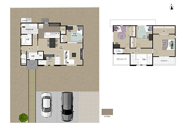 【4LDK】生活動線上に収納を各所に配置し、片付けがスムーズになるプランです。
キッチンは調理中でもリビングの様子が確認できる対面式で、食器洗浄乾燥機で家事をサポート。