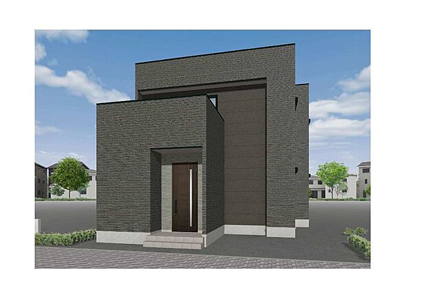 【3号地外観】都会的なボックス型のデザイン。ブラックを基調とした重厚感あふれる外観です。飽きのこないシンプルな外観は年代問わず親しまれ、家族の成長を見守るマイホームとなります。