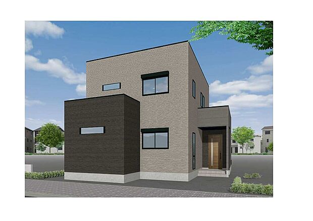 【2号地 外観】【2号地】
ベージュとダークトーンのコントラストが美しい都会的なデザイン。異なる高さのボックスを組み合わせた立体的なフォルムが目を引きます。明るさと落ち着きを両立し、個性が光るスタイリッシュな外観。