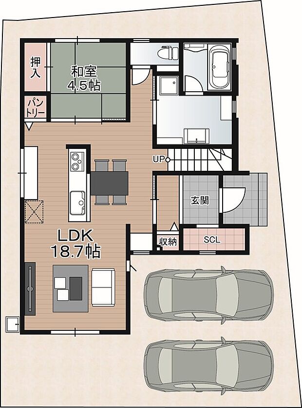 【4LDK】【1号地：収納設備が豊富な家】
全居室収納付きで、大容量のウォークインクローゼットも完備♪パントリーやSCLなどもあり、日常使いの細々したものをスッキリ収納できる片付け上手な住まいです。
