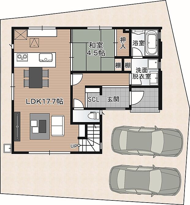 【４LDK】【2号地：和室のある家】
リビングインスタイルの住まい。キッチンは回遊できるペニンシュラタイプを採用。1階の和室は客間としてもお使いいただける趣のあるくつろぎ空間です♪