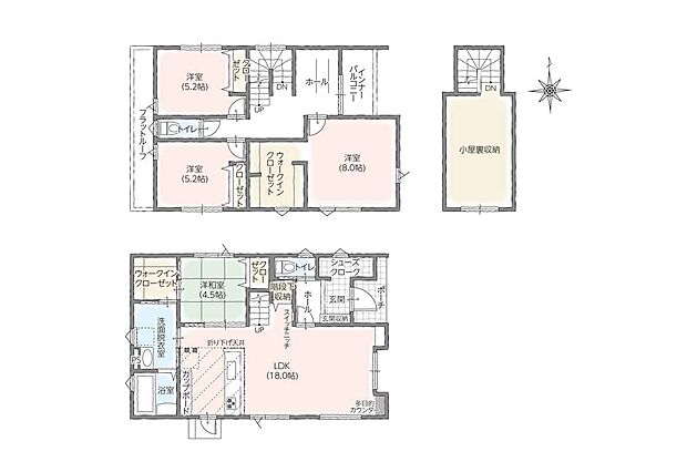 【4LDK】家族団らんの広々約18帖のLDK。
家族との会話も弾む対面式ペニンシュラキッチン。
ベビーカーなども収納できるシューズクローク。
キッチン側にはパントリースペースとカップボード。