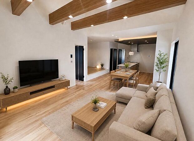 【【2号地/リビング】】リビングの天井にはデザイン性の高い見せ梁を採用。奥行きを演出し開放的な空間を演出。※2026年10月撮影※掲載の家具・小物はCG加工したもので、販売価格には含まれておりません。