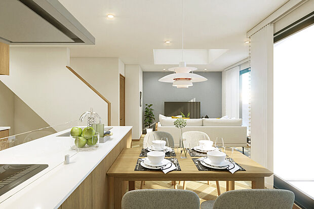 完成予想図:リビングイン階段で対面式キッチン ご家族の自然なふれあいを重視したプラン^^※家具備品等はイメージです。