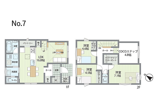 No.7　16.8帖のLDKにハーフ吹抜けを採用し、明るく開放的な空間を演出。
2階のCOCOステップはムービーラウンジ仕様で、家族や自分時間をゆったり楽しめる住まいです。