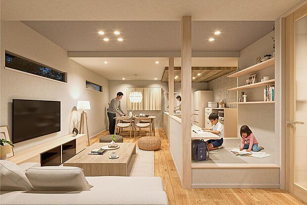 【【COCOYUNO　川越市志多町】】モデル棟完成予想パース：家族が集まるLDK