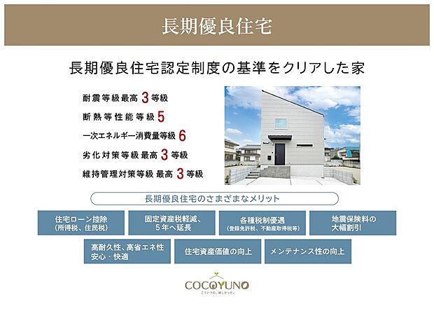 【長期優良住宅】長く安心・快適に暮らせる住まいとして、全棟「長期優良住宅」を標準としています。
長期優良物件は、丈夫で長持ちし、家計や将来にもメリットのある住まいです。