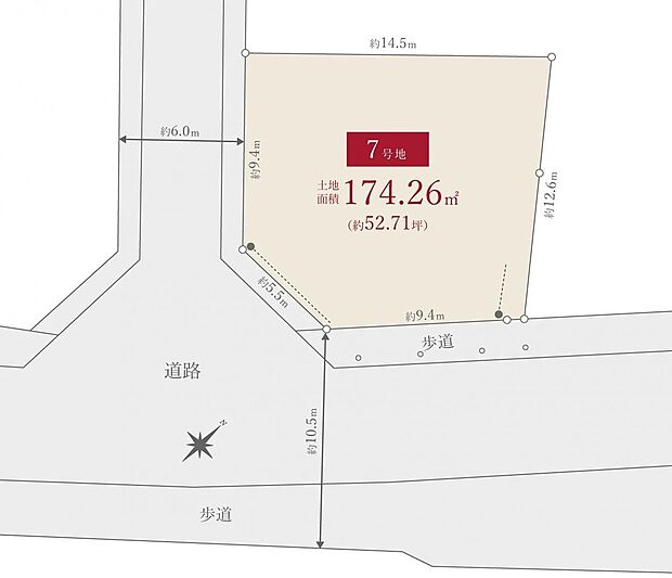 【7号地区画図】道路幅6mと10mの広々とした道路に接しているので、車の出し入れもしやすく開放感にあふれ、陽当たり良好な角地です。