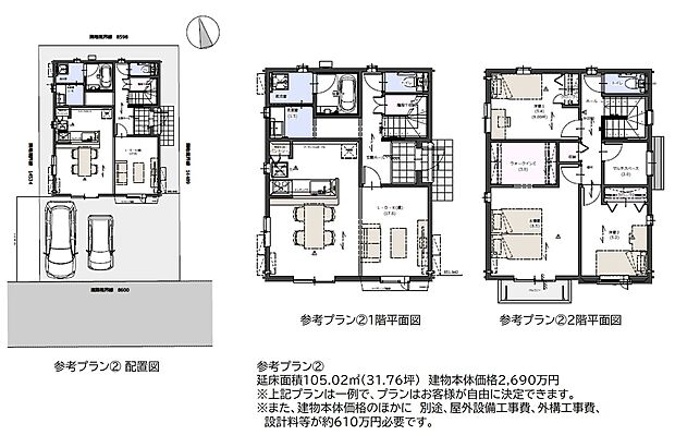【参考プラン(2)平面図・配置図】上記プランは一例で、プランはお客様が自由に決定できます。また、建物本体工事の他に屋外設備工事費、外構工事費、設計料等が別途約610万円必要です。