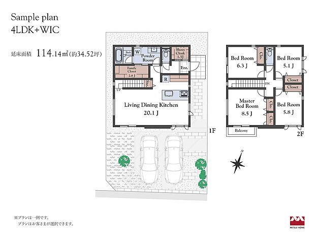 【建物プラン例(A区画(2階建て建物プラン例))】4LDK、土地価格4610万円、土地面積152.35m2、建物価格3600万円、建物面積114.14m2