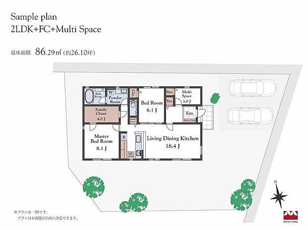 【【建物プラン例】】建物価格3,300万円(税込)建物面積86.29m2(26.10坪)※付帯工事費(屋外設備・地盤改良・基本外構)と設計料にて約950万円(税込)別途必要。※プランは一例です。プランはお客様が自由に決定できます。