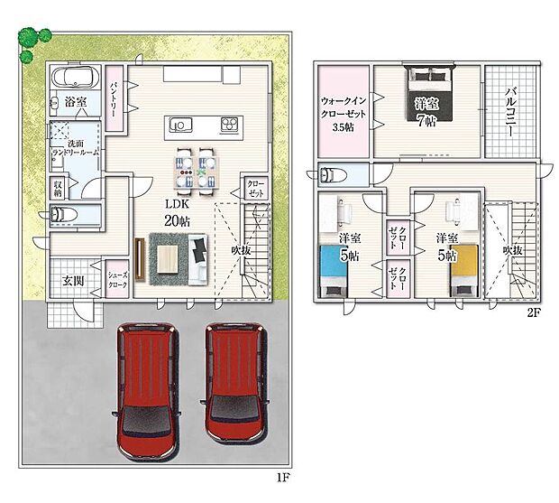 【ランドリールーム×吹抜け】間取り反転プラン
「洗う・干す・畳む・しまう」といった作業を一か所で完結！
リビング階段からの吹抜けは、縦に空間が広がることで、部屋が広く明るく感じられます。