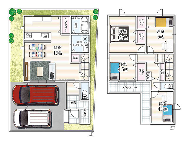 【5号地】間取りプラン
4LDK+駐車2台可。
19帖のゆとりあるLDKを中心に、家族が自然と集まる開放的な空間設計。
2台駐車可能なゆとりのカースペースで、ご夫婦それぞれの車や来客時にも安心です。