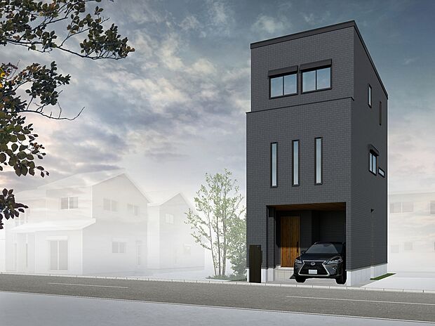 【プラン例】黒を纏うモダンな3階建て。ビルトインガレージで雨の日もスマートに対応。3連スリット窓が洗練された存在感を放ちます。