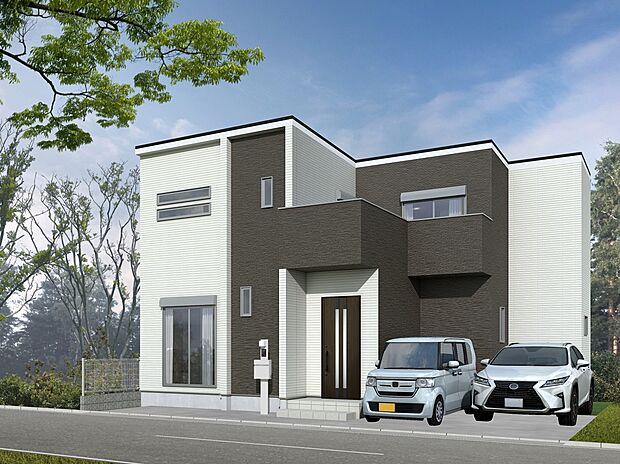 【【6号地外観イメージパース】】敷地30坪とは思えない存在感。
ナチュラル×シックな外観に、車2台駐車可能なゆとりある住まい。