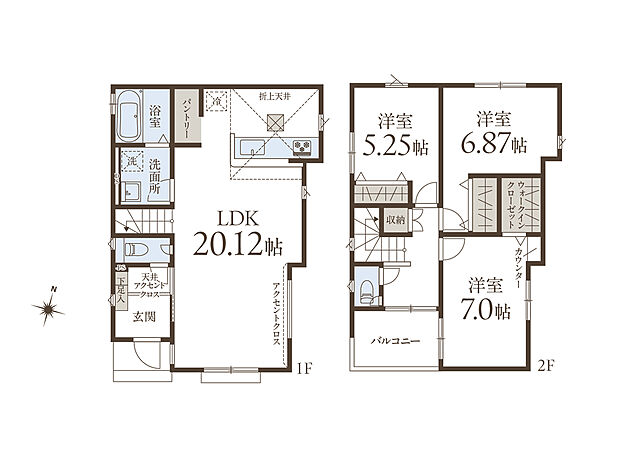 【間取り図/2号棟】
約20.12帖のゆとりあるLDK。キッチン横にパントリーが備わり、料理や収納がスムーズに行えます。対面式キッチン×リビングイン階段が採用され、コミュニケーションを育みやすいです。