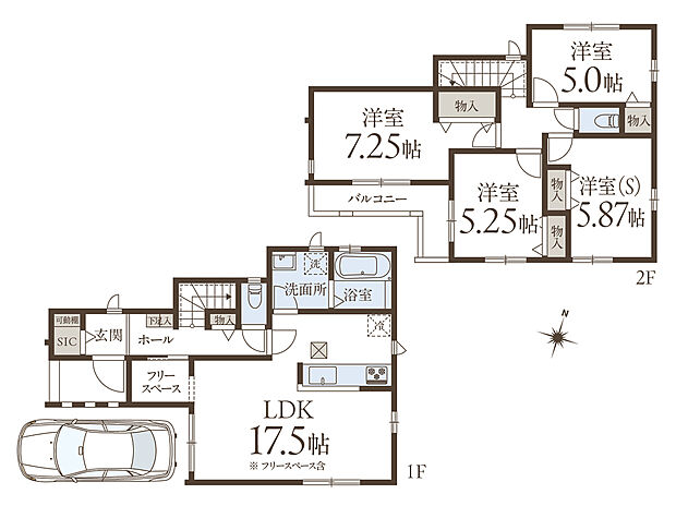 【間取り図/A号棟】
LDKは3面採光の明るさ溢れる住空間です。また、LDKの隣にフリースペースが配置され、収納やテレワークスペースなど、多目的に活用できます。