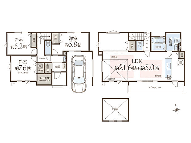 【3LDK】採光性・通風性が良く、プライバシー性も高い2階リビング設計。LDKは約26.6帖と、ご家族皆様で寛ぐことができるゆとりある広さです。