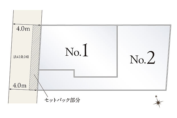 【【全体区画図】】前面道路幅員は約4m。大通りに面さない立地です。第一種低層住居専用地域内で、落ち着いた暮らしが叶います。