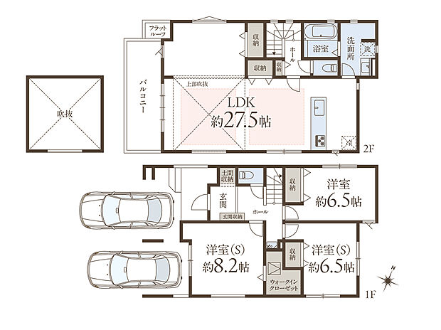 【3LDK】4面採光のLDKは、約27.5帖のゆとりある広さ。バルコニーと吹抜けがあり、開放感のある空間が広がっています。全居室6.5帖以上&全居室2面採光以上で、どの部屋も明るく、居心地の良い住まいです。