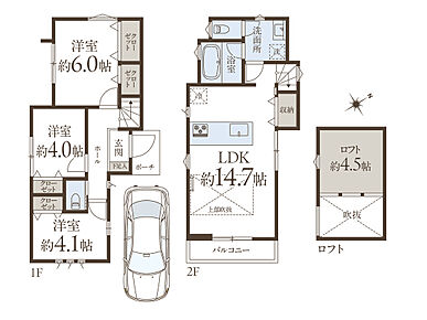建物プラン例(2号地)3LDK、土地価格6980万円、土地面積85.5m2、建物価格2000万円、建物面積69.66m2
LDKは２階に位置し、3面採光の上部吹抜仕様。水回りもワンフロアで寛ぎと機能性を融合した住空間です。 