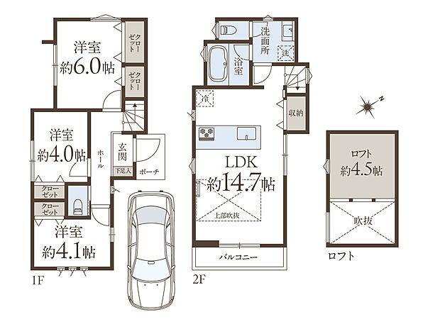 建物プラン例(2号地)3LDK、土地価格6980万円、土地面積85.5m2、建物価格2000万円、建物面積69.66m2
LDKは２階に位置し、3面採光の上部吹抜仕様。水回りもワンフロアで寛ぎと機能性を融合した住空間です。