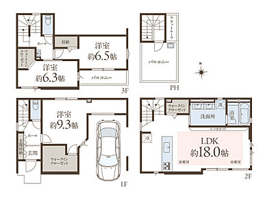 全居室6帖以上、LDK約18.0帖のゆとりある住空間。WIC3ヶ所など、全居室に収納付きですっきり片付く住まいが叶います。暮らしの中心となるLDKと水回り設備が2階に集約配置された間取り。外からの視線が気になりにくく、のびのびと寛げます。 