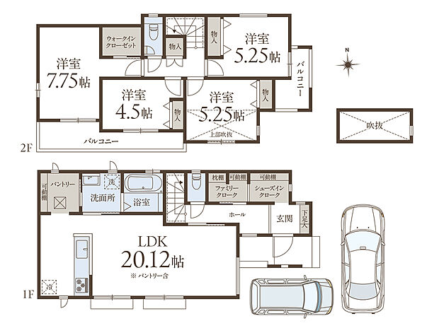 【4LDK】南向きにつき、明るさあふれる住まい。LDKと洗面所が隣接し、家事動線がスムーズです。玄関から階段まで直接アクセスでき、来客時もプライバシーを確保しやすいです。