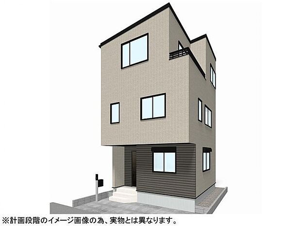 落ち着いたモノトーン調のモダンな外観デザインです。小型車1台分のカースペースを確保 。計画段階のイメージですが、3階建てのスタイリッシュな佇まいが新生活への期待を膨らませます。