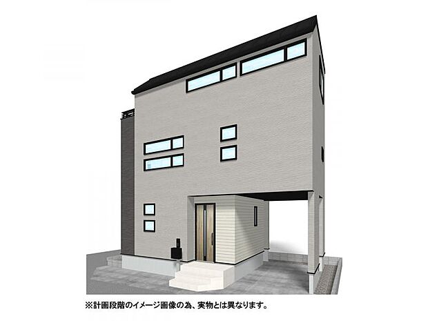 【外観イメージパース】街並み整う区画整理地内、開放感ある角地に建つスタイリッシュな3階建て。リビング階段や対面キッチンなど家族が繋がる設計。広々ランドリールームも備え、毎日の暮らしにゆとりを創ります。