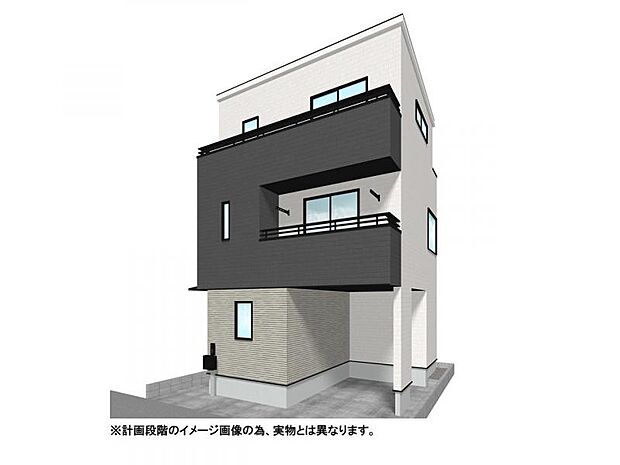 【外観イメージパース】洗練されたモダンな外観と、整形地を活かした無駄のない3階建て。ビルトイン車庫や会話が弾む対面キッチン、リビングイン階段など、家族の快適な暮らしを叶える住空間です。
