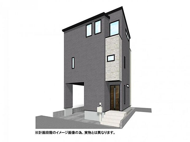 【外観イメージパース】スタイリッシュな外観デザインが目を引く、ZEH水準の新築3階建て限定1邸！北西×南東の両面道路に面した開放的な立地で、快適さと美しさを兼ね備えた住まいです。