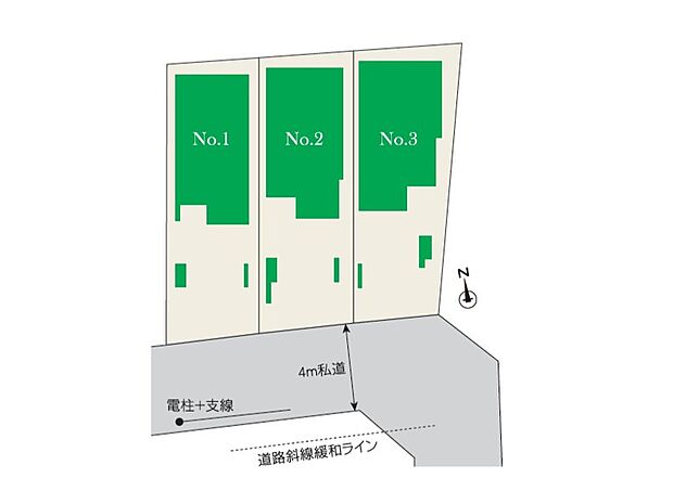 【区画図】陽光溢れる南道路面に誕生した、限定3邸の明るい住まい。優れた日当たりを確保できる立地条件が、家族が集まるリビングに暖かな光と開放感をもたらしてくれます。