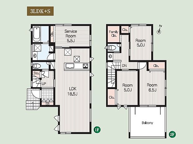 【間取図】広々18.5帖LDKを備えた2階建て!納戸を含む4部屋やファミリークローゼット、南向き大型バルコニーで快適に暮らせる間取り。
