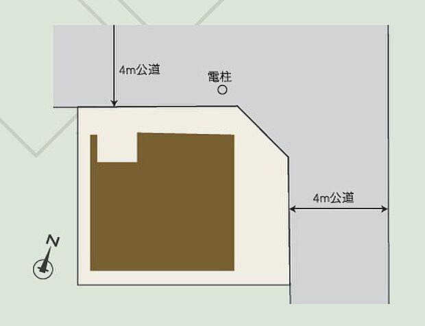 【区画図】2面が道路に面した角地ならではの開放的なロケーション。敷地内には普通車1台を駐車可能で、快適なカーライフが叶います。