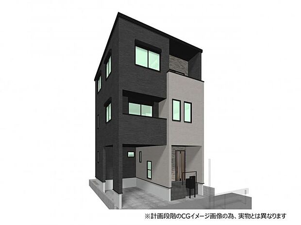 【外観完成イメージ】永大グループ施工住宅◆シックなダークカラーをベースにした洗練された外観デザイン！スーパーやドラッグストア徒歩10分圏で利便性良い環境です！新曽小学校徒歩6分とお子様の通学も安心！