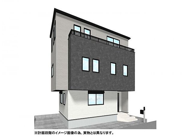 【【外観イメージパース】】洗練されたモノトーン外観デザインと、ZEH水準の環境性能を両立した新築3階建て。カースペース2台分（普通車＋軽）も備えた理想の住まい。