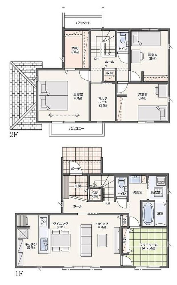 NO.6 間取り
太陽光発電システム搭載のオール電化住宅。2階のマルチルームは、収納としてはもちろん、書斎や趣味のスペースなど、ライフスタイルに合わせてフレキシブルに使用することができます。