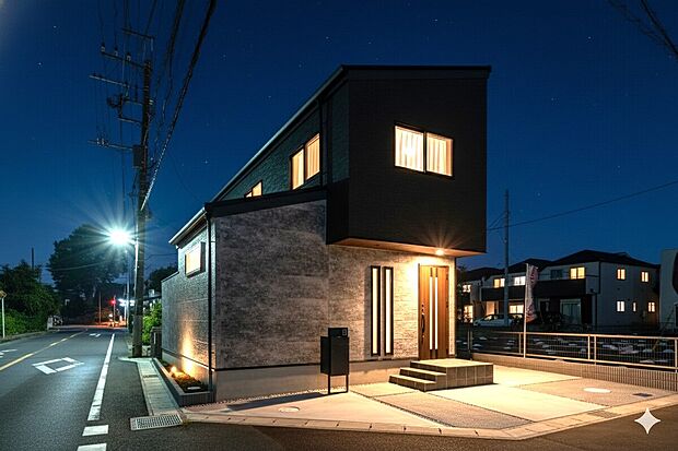 直線的なフォルムが印象的なスタイリッシュな外観デザインも魅力のひとつ。カースペース２台分※うち１台は軽自動車用となります。