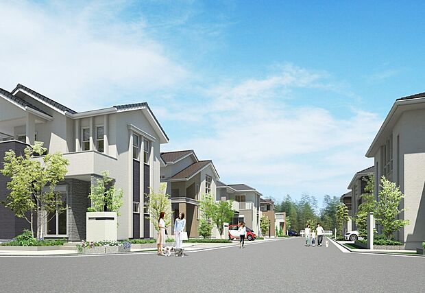 【街並み完成予想CG】約42坪~47坪超の広々区画の全11家族の街《SmileTown中部中学校前》内!前面道路にもゆとりがあり、開放感に包まれます。幹線道路から一歩入った落ち着いた住環境です。