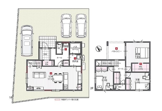 【間取図/A号地モデルハウス】洗面室、脱衣室が別々!玄関~水回り~LDKが回遊でき、家事や暮らしがスムーズです。LDKは南を含む3面採光×約17.5帖!パントリーやWIC等、多彩な収納でゆったり広々◎