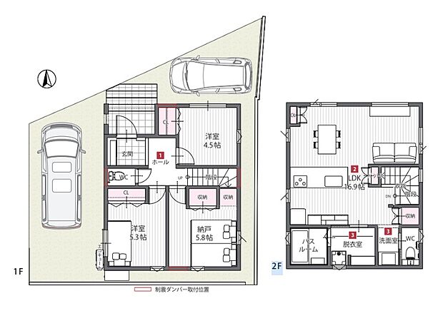 【間取図/A’号地モデルハウス】LDKは対面キッチン仕様!洗面室、脱衣室が別々で使いやすく、1階2洋室や納戸など細やかに収納を配置。コンパクトな動線で機能的な住空間です。車2台駐車可能(車種による)。